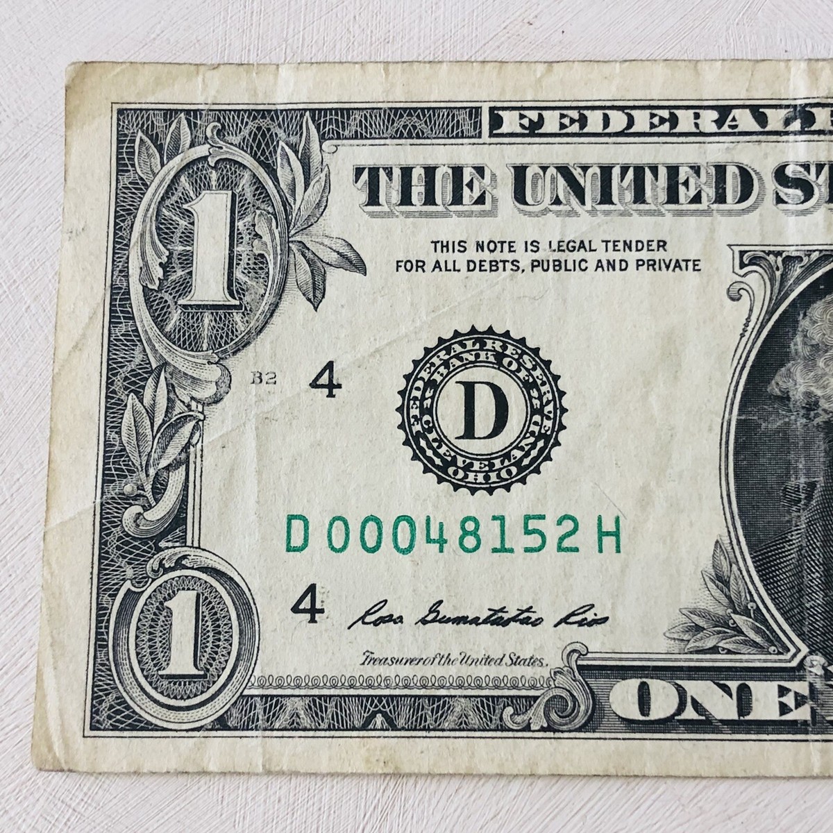 Low Serial Number US One Dollar Bill 00048152 Circulated Series