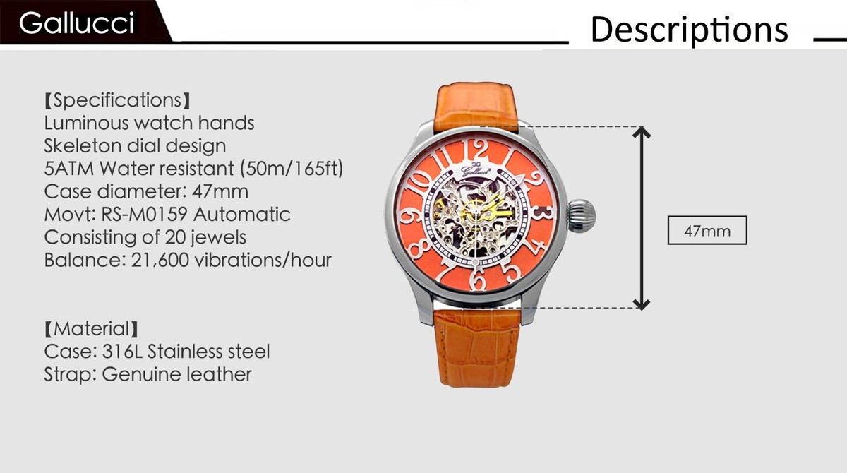 Gallucci Ladies Fashion Skeleton Automatic Wrist Watch with