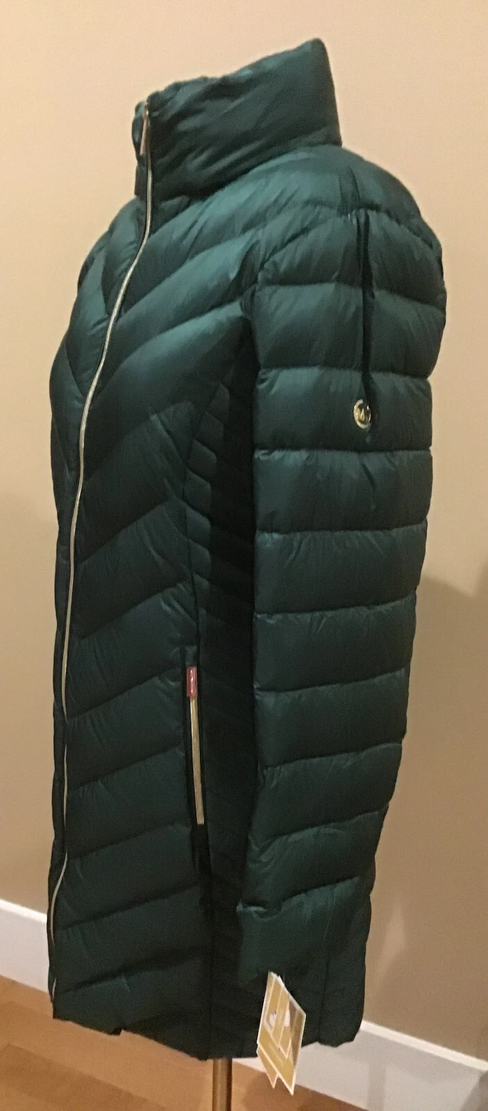 Giacca lunga imbottita Michael Kors nuova con etichetta imbottitura piumino 'L' cappuccio nascosto VERDE