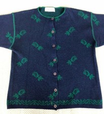 Cardigan Sweater Wool Blend Albert Forcier Made in France Blue Green Roses S/M