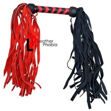Double-Ended Heavy-Duty Leather Flogger Black Red 25 Tails Per Side