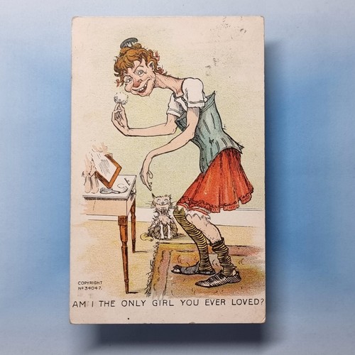 Comic Postcard 1907 Ugly Spinster Bodice MakeUp Powder Puff Cat