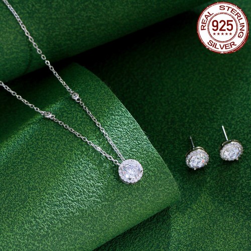 925 Sterling Silber Schmuckset Runde Anhänger Halskette Ohrstecker CZ Damen - Bild 7 von 8
