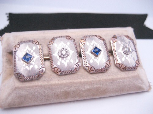 Antique Art Deco era 14K Gold Diamond & Sapphire Engraved Cufflinks Day & Night - 第 7/11 張圖片