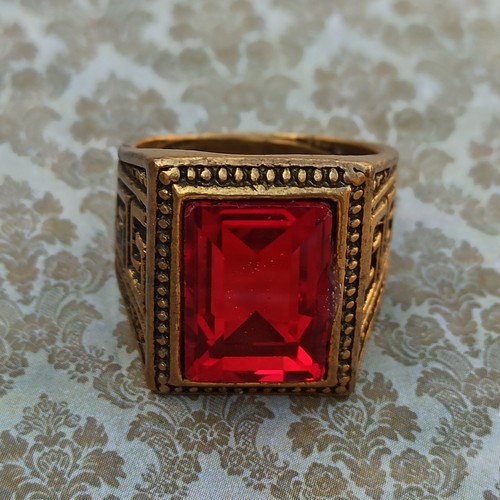 Vintage Men's Ring Massive Royal Red Rhinestone Women Art Deco Gift Statement - Picture 13 of 16