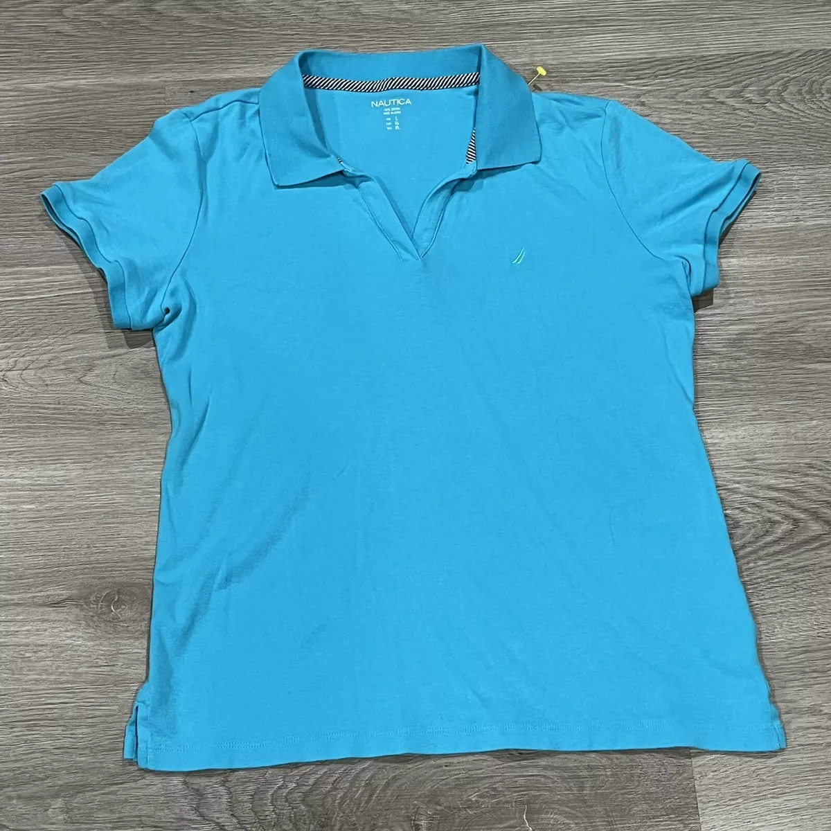 Nautica Womens Polo T Shirt Large L Turquoise Blue Logo Cotton Short Sleeve