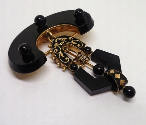 Victorian Antique Mourning 14K Gold Seed Pearl Jet Enamel Pendant Pin Fabulous
