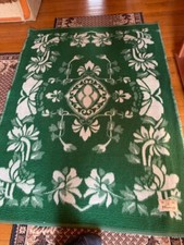 Vintage 70s PEACOCK Green Heavy Woolen Blanket w/ Satin Trim | 100% Wool
