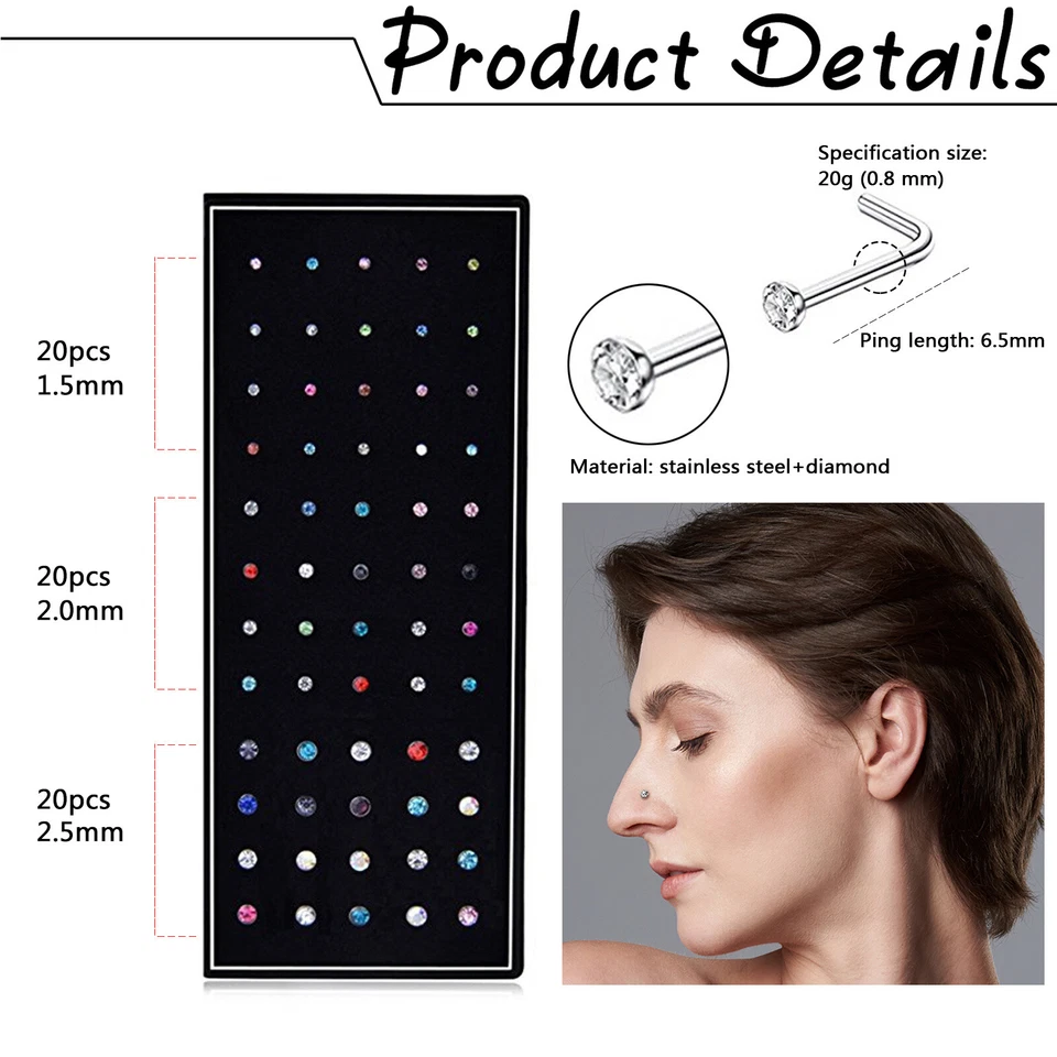 60 piezas 20G en forma de L circonita cúbica anillos nariz hueso perno acero inoxidable cuerpo piercing joyería Foto 4 de 4