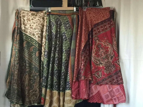 Women's Two Layer Boho Sari fabric Wrap Skirt For Beach Mix Wholesale 3pc Lot