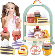 Wooden Cake Toys Tea Party Set, Desserts Food Toy with Cupcake Stand, Kids Prete