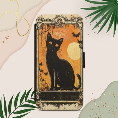 Handyhülle Witchy Cat Spooky Pumpkin für iPhone Samsung Pixel Flip Wallet Cover