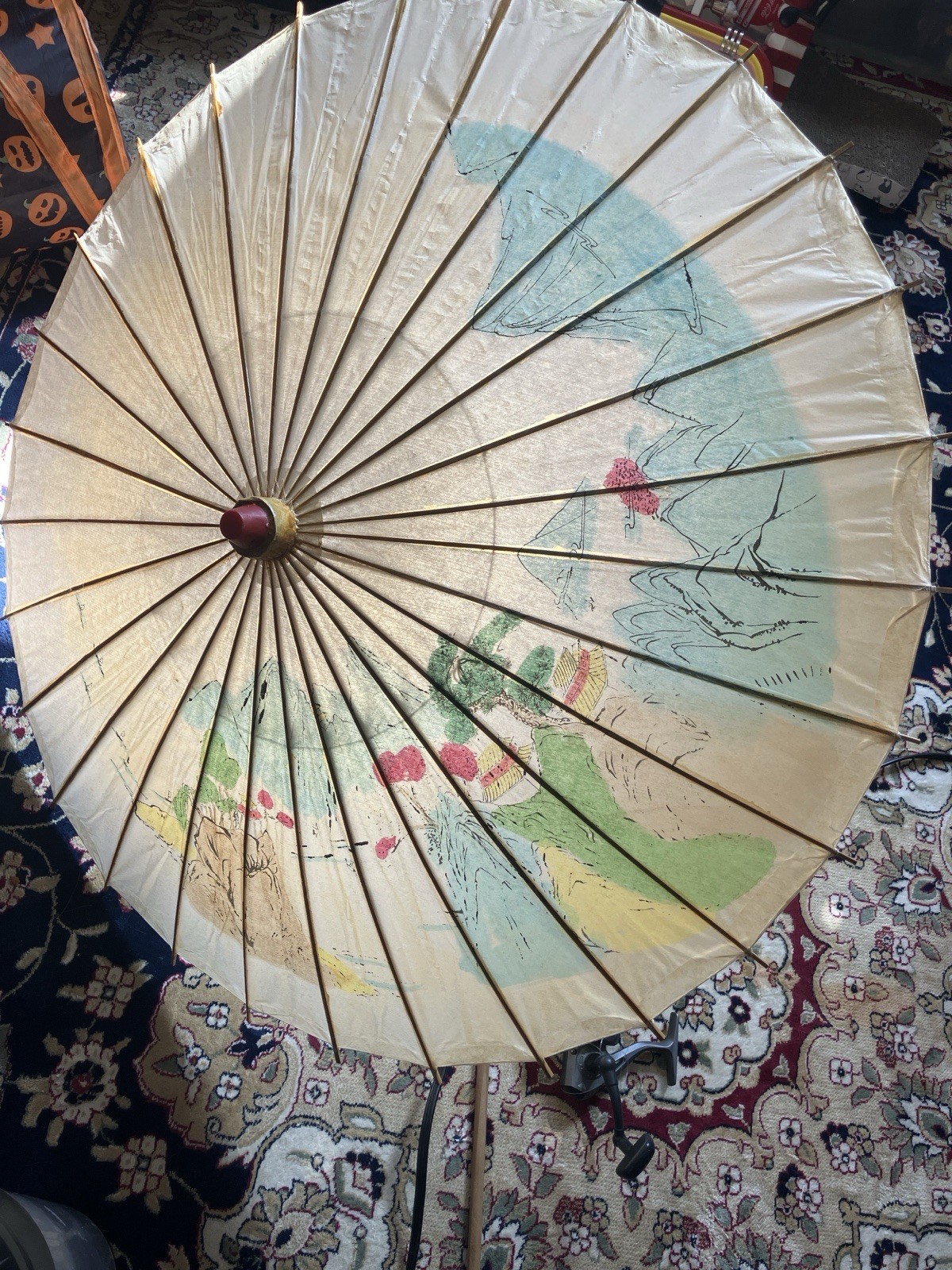 Vintage 1940s Japanese Bamboo Rice Paper 38 inch Parasol Umbrella Floral Design