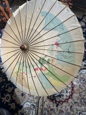 Vintage 1940s Japanese Bamboo Rice Paper 38 inch Parasol Umbrella Floral Design