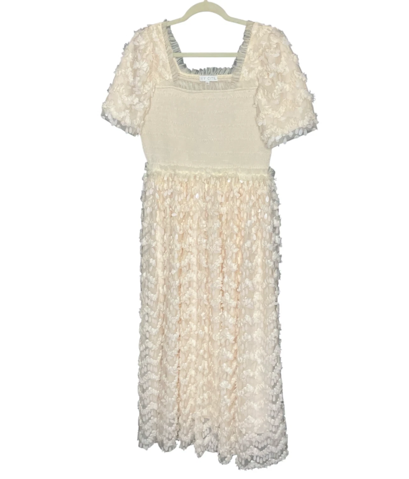 OFF WHITE Ivy City Co. Abito taglia XL avorio bianco sporco paillettes fumè impreziosito nuvola nove