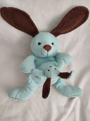 ancien Doudou lapin  marron bleu couture et bebe aimanté nez ciad 25cm - Photo 1/3