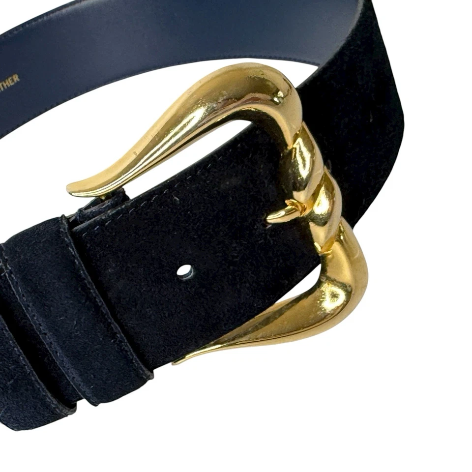 Cinto Worthington Feminino Antigo P/M Azul Marinho Couro Genuíno Camurça Fivela Dourada Boho Largo - Imagem 2 de 4