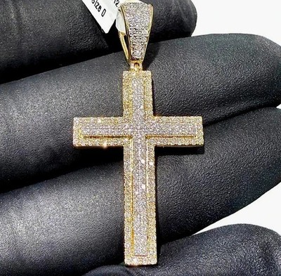 14K Yellow Gold Plated 2.50 Ct Round Cut Real Moissanite Cross Men's Pendant