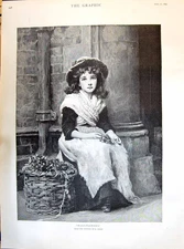 Antique Old Print 1895 Wallflowers Beautiful Young Girl Outdoor Scene Patry