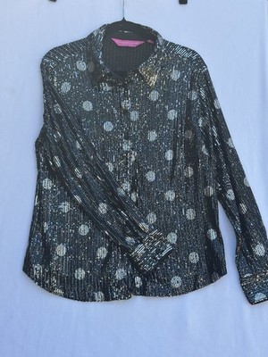 Isaac Mizrahi Live | Black & Silver Sequin Polkadot Button Down Top Women Sz M