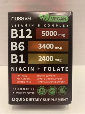 Nusava Vegan Vitamin B Complex Liquid Strawberry B12 B6 B1 Niacin Folate 60ml x2