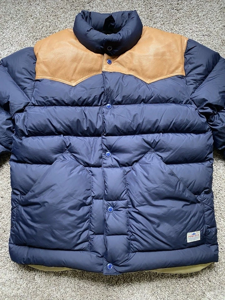 Penfield Pelam Leather Down Puffer Jacket in Navy with Quilted Design - Image 3 of 4