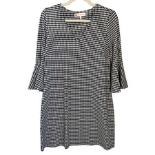 Jude Connally Size M Lyla Ponte Knit Dress Navy Cream Houndstooth Bell Sleeve