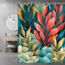 Abstract Floral Leaf Shower Curtain Teal Coral Gold Botanical Print