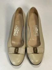 Salvatore Ferragamo Cream Beige Leather Bow Flats Pumps Shoes 8
