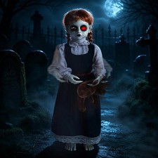 35-Inch Halloween Animatronic Haunted Girl with Teddy Bear, Sound Touch Activa
