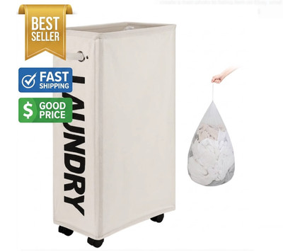 29'' Enlarged Slim Rolling Laundry Basket Beige with Removable Wash Bag