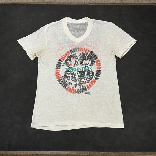 KISS World Tour Shirt Sheer Mens Small Official 1970s vintage concert t-shirt, vintage, size S, single stitch, B+ condition
