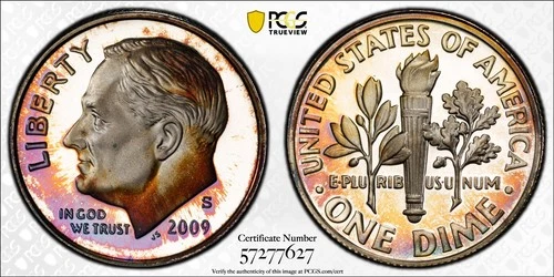 PR67DCAM 2009-S 10C Roosevelt Silver Proof Dime, PCGS Trueview- Nicely Toned