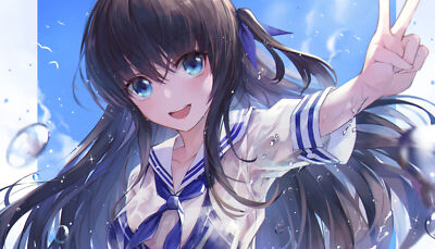 Anime 2d digital art girls black hair blue eyes smiling Custom Gaming Mat Desk