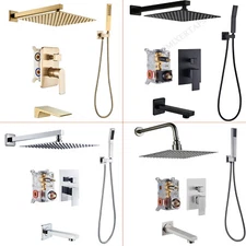 Shower Faucet Set Wall Mount Rainfall Shower Head Combo Tub Spout w/Mixer Valve