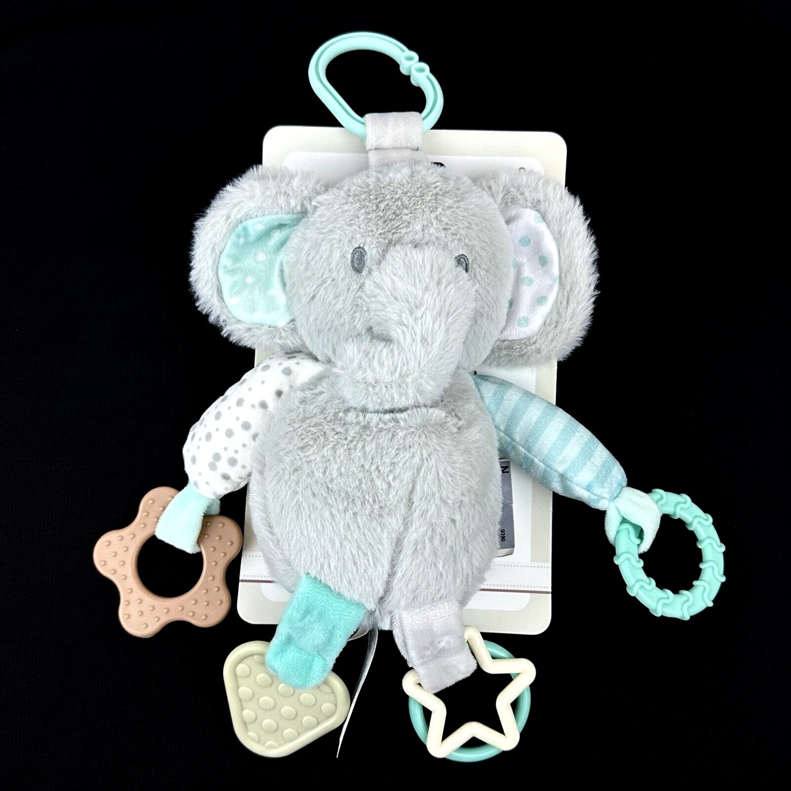 KellyBaby Grey Teal 10 Inch Polyester Elephant Clip On Rattle Teether Plush Toy
