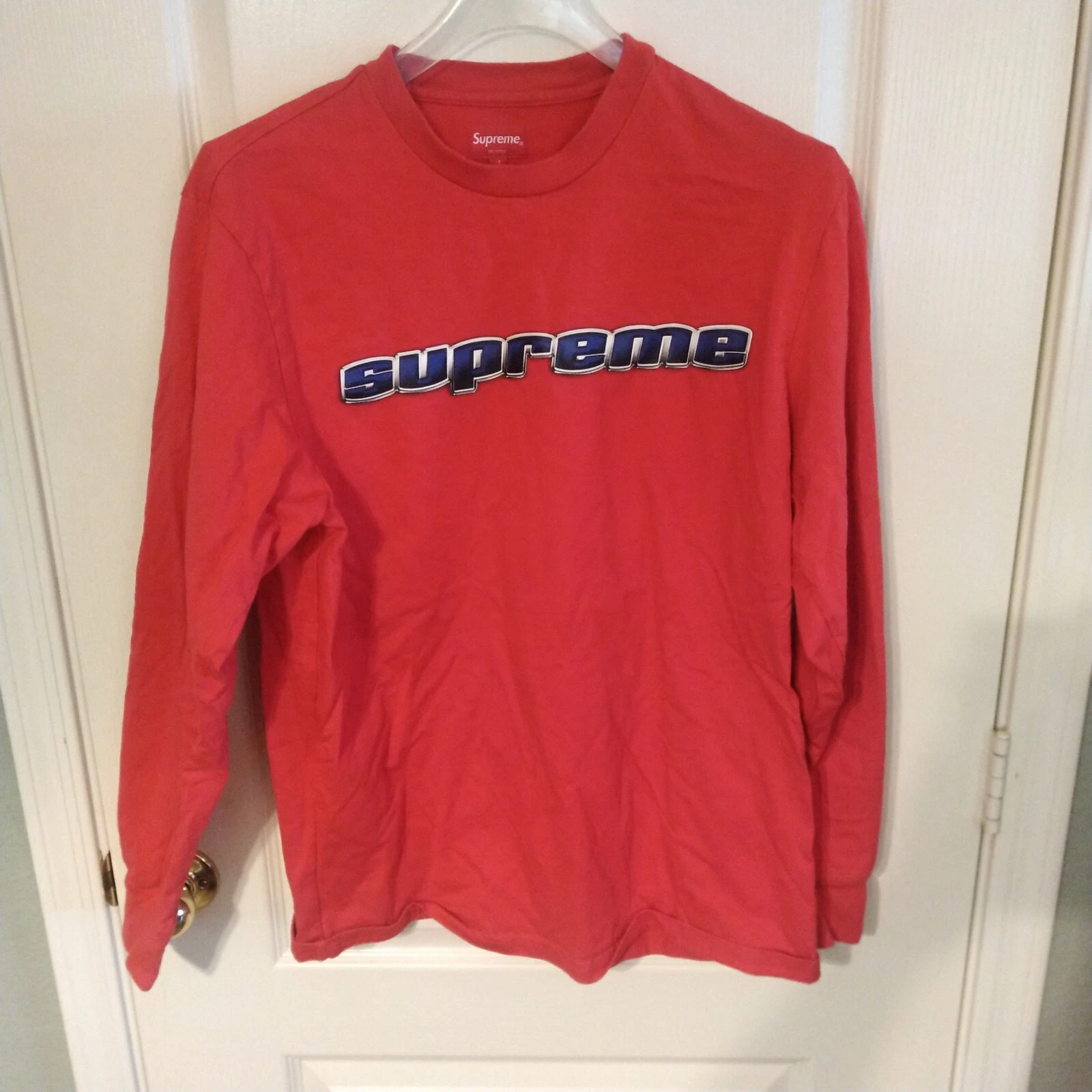 Haut homme à manches longues logo chrome Supreme rouge bleu taille M 100 % coton