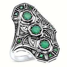 GENUINE EMERALD  WHITE TOPAZ 925 STERLING SILVER ART DECO STYLE RING   1078X