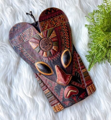 Vintage OOAK Hand Carved & Painted Wood Tribal African Wall Mask - Picture 2 of 7