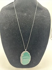 Charming Charlie Oval Green Agate & Silver  Tone Necklace. 36” Long