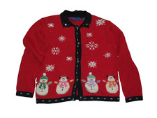 Vintage Karen Scott Christmas Sweater Cardigan Small Red Snowmen Star Snowflake