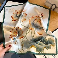 100 Silk Small Scarf Women Neckerchief Bandana Wrap Beige Green Lotus 53 53cm