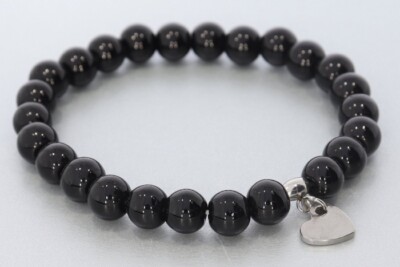  Obsidian schwarz Kugel 8mm Stretch Armband mit Herz Motiv - individuelle Größe 