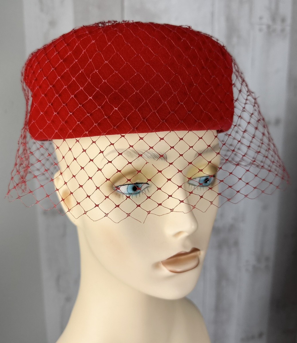 Vintage 1950-60s Red Velvet Pillbox Hat w/ Birdcage Veil  display picture 3