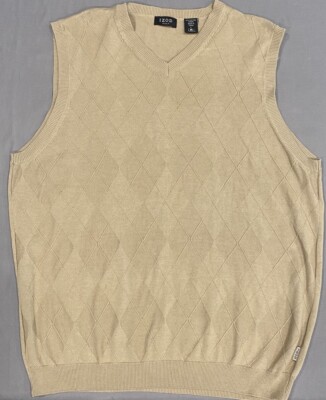 IZOD GOLF MEN Sweater Vest L Beige Cotton Diamond Argyle V