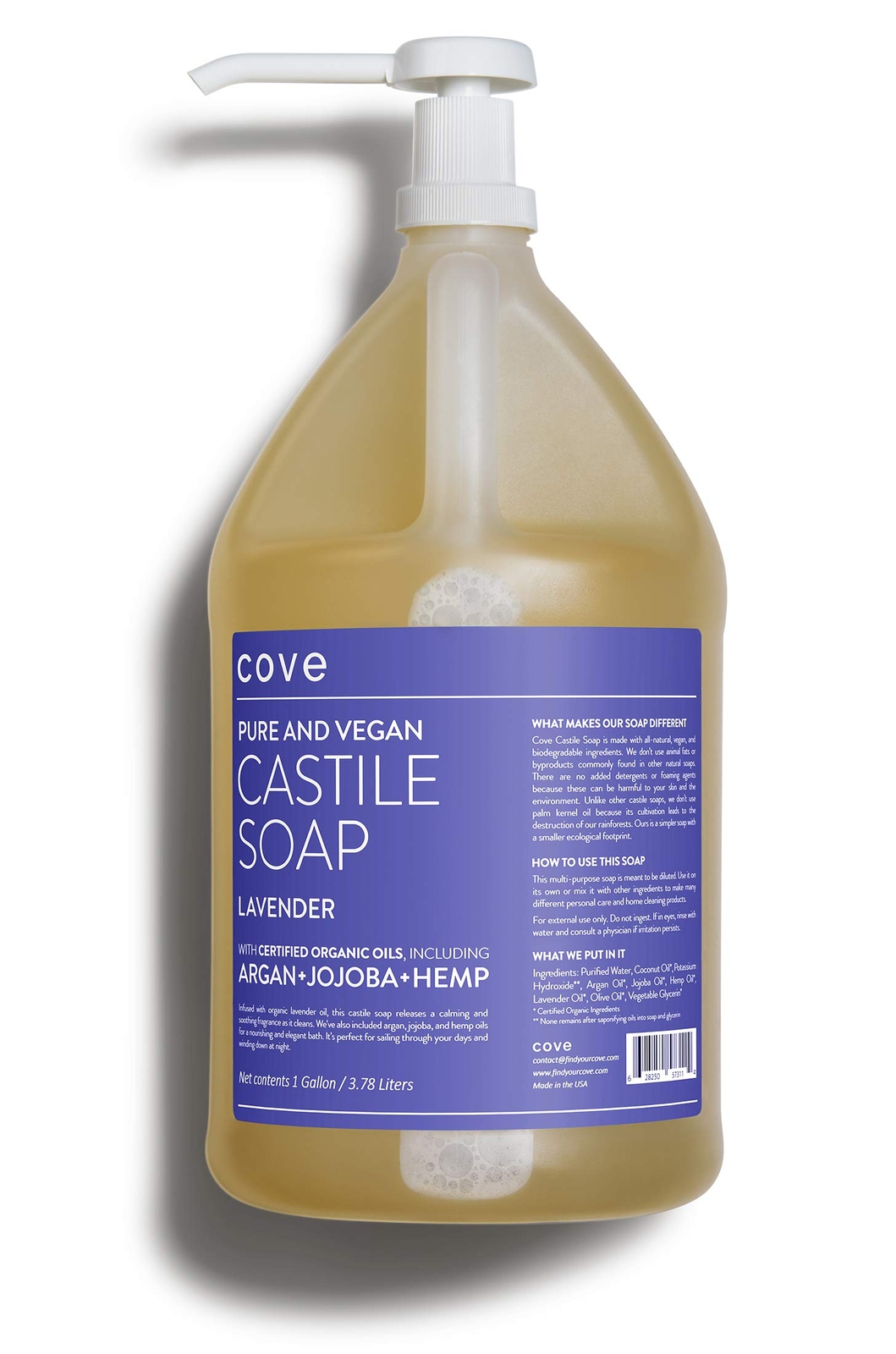 Cove Castile Soap Lavende -1 Gallon With Pump - Organic Argan, Jojoba, Hemp Oils