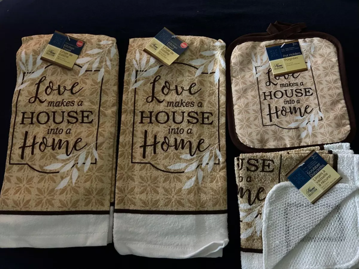 New Kitchen Towel, Dish Cloth & Pot Holder Set ~ Love Makes a