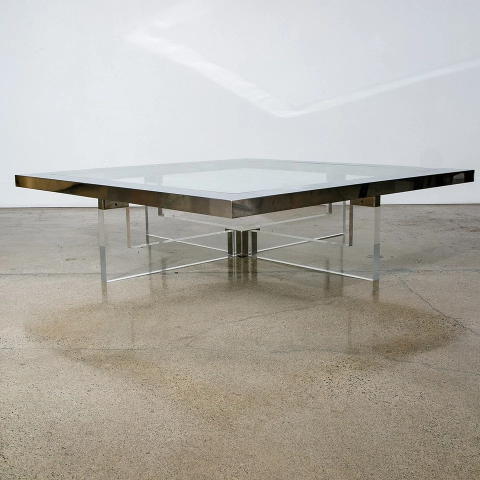 Mid Century Modern Coffee Table Square Large Chrome Glass Sandro Petti Lucite - Image 2 of 4