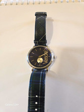Versace Quartz 40mm Analog Watch Black Dial Date Silver SS Case Leather