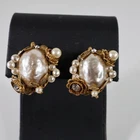 Vintage Miriam Haskell Faux Mabe Pearl Clip On Gold Tone Rhinestone Earrings